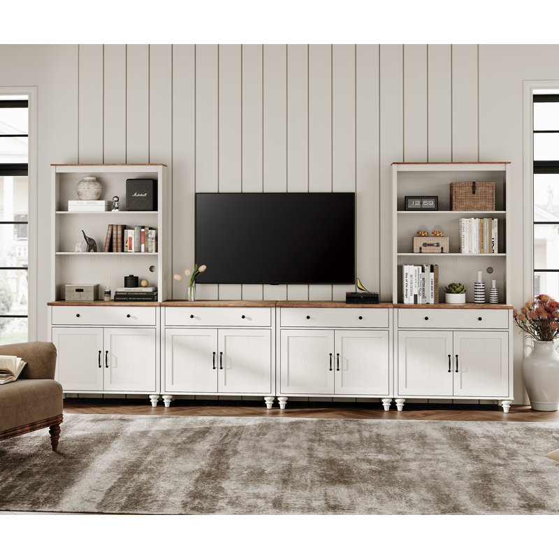 Alcott Hill Farmhouse TV Stand With Bookshelves For Modern Entertainment Center With Storage Cabinet White TV Console For Living Room Bedroom Wayfair